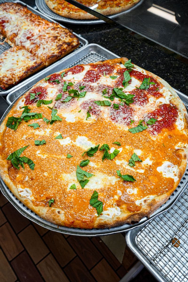 Margarita pie with fresh mozzarella, plum tomato sauce and torn basil