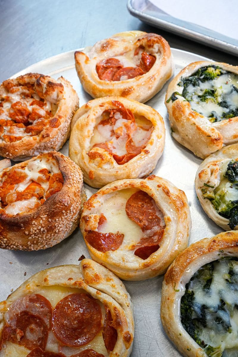 Tray of pepperoni pinwheels, spinach rolls and buffalo rolls